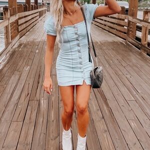 Forever 21 Light Blue Denim Puff Sleeve Mini Dress (Small)